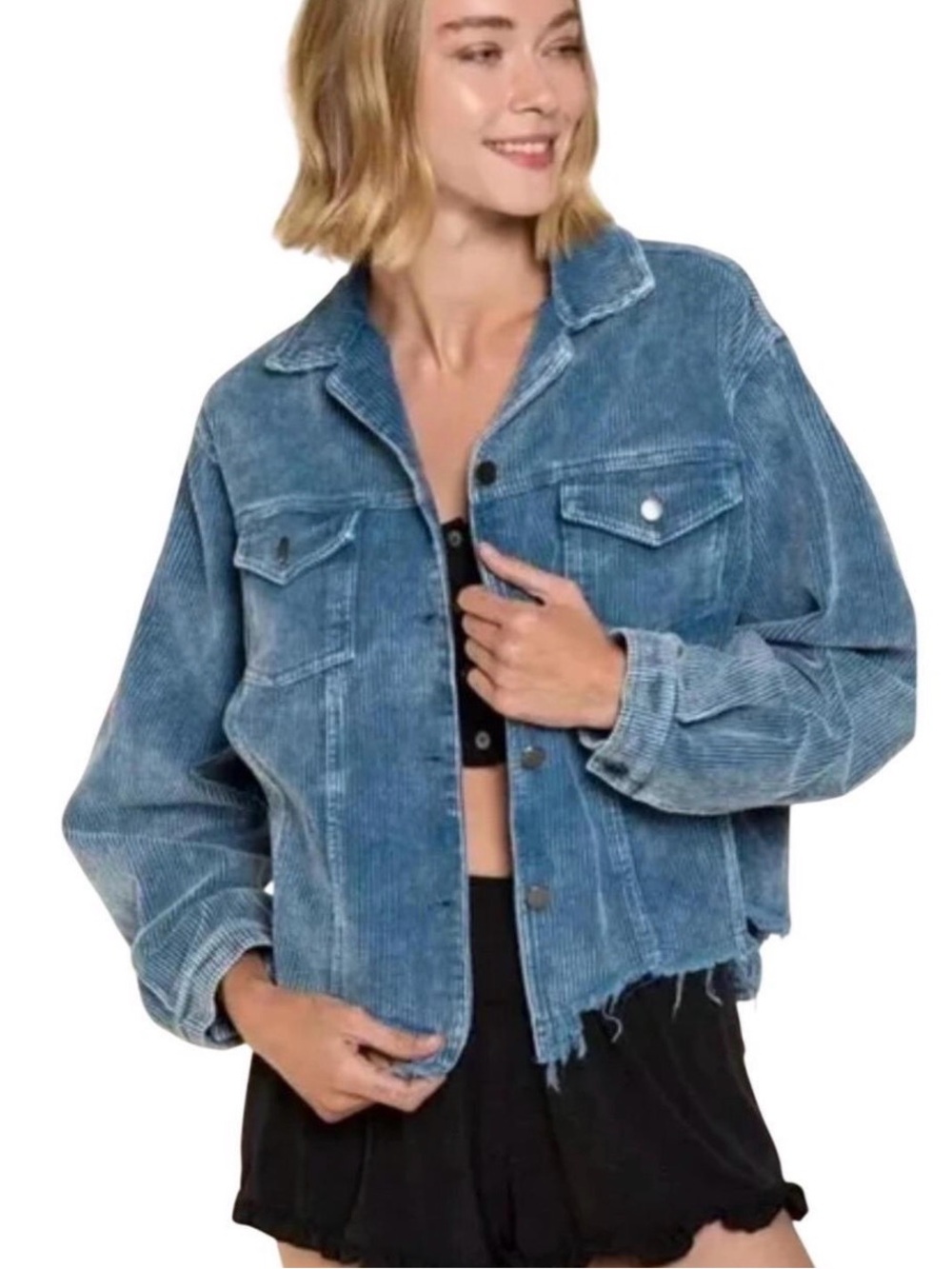 POL Clothing Blue Distressed Frayed Hem Corduroy Trucker Jacket M EUC
